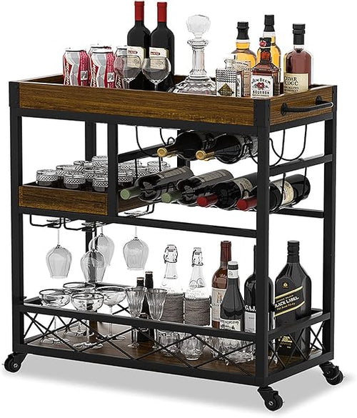 Rolling Kitchen Bar Cart with Wine Rack & Removable Trays