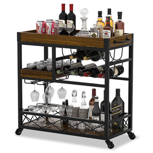 Rolling Kitchen Bar Cart with Wine Rack & Removable Trays