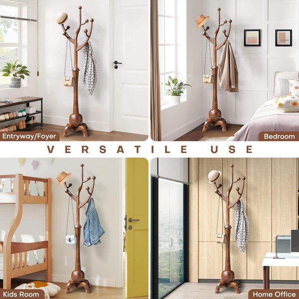 Freestanding Wooden Coat Rack with 8 Hooks