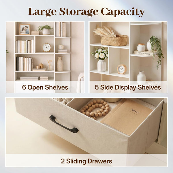 5-Tier Bookshelf with 2 Fabric Drawers – White & Black