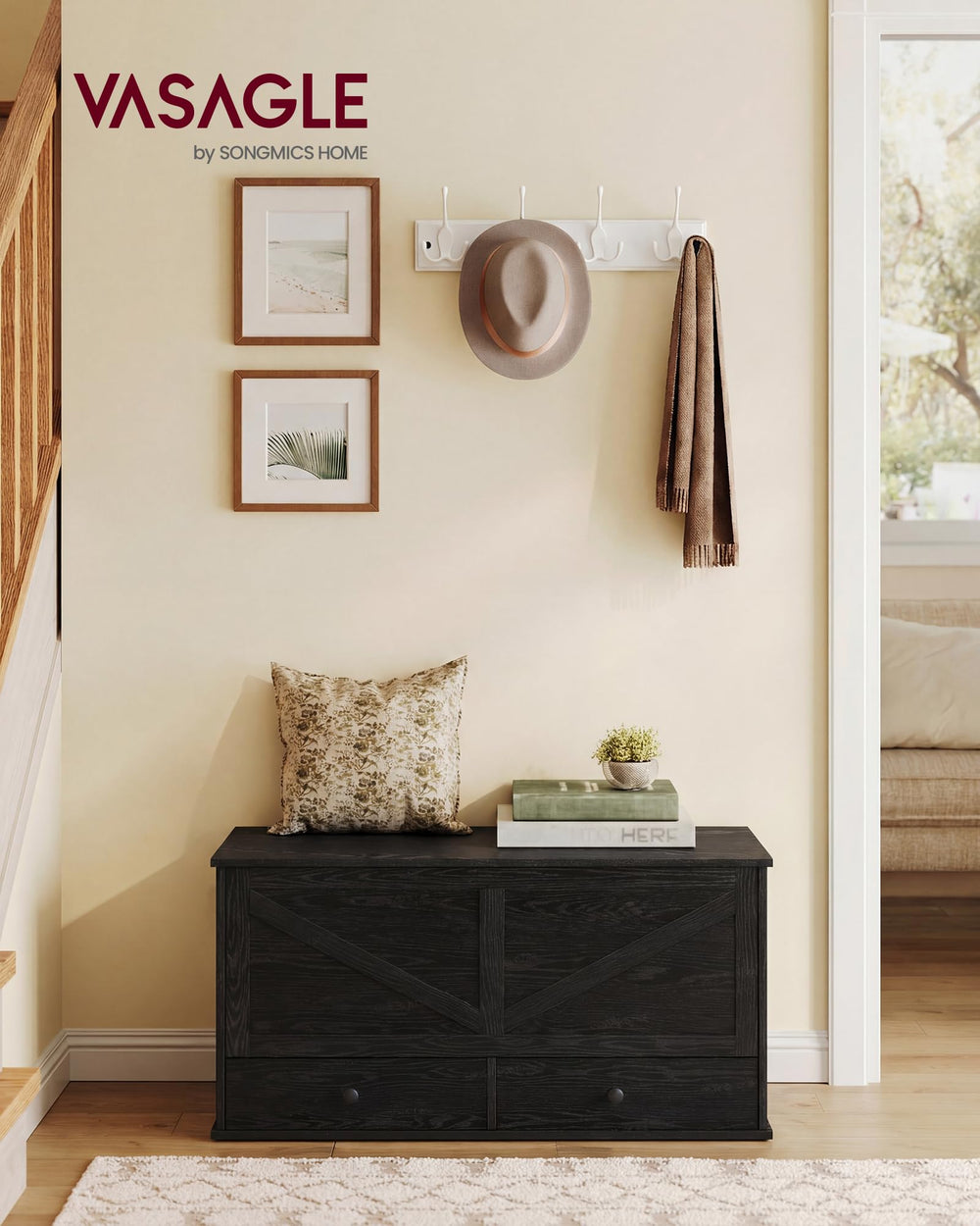 Farmhouse Storage Bench with 2 Fabric Drawers