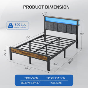 Platform Bed Frame with LED Lights & Charging Station – Storage Headboard, Metal Slats