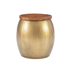 Hammered Metal Storage Drum Side Table with Wood Top
