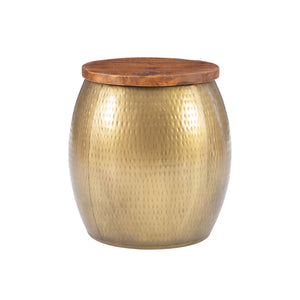 Hammered Metal Storage Drum Side Table with Wood Top