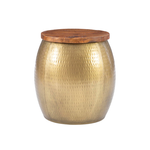 Hammered Metal Storage Drum Side Table with Wood Top