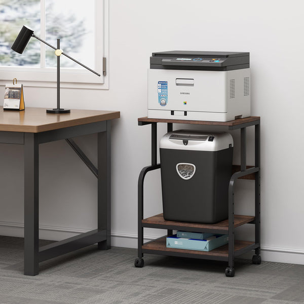 3-Tier Rolling Printer Cart with Height-Adjustable Shelf