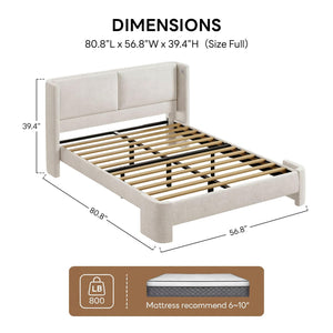 Full Upholstered Boucle Platform Bed Frame with Headboard & USB Ports
