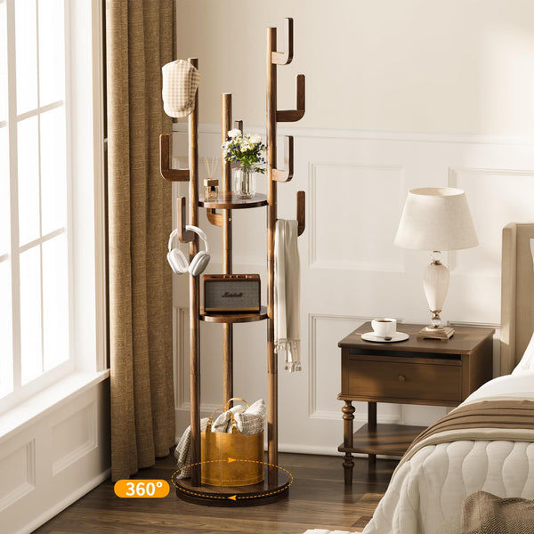 360° Rotating Freestanding Coat Rack with 9 Hooks & 3 Shelves – Solid Rubberwood Hall Tree