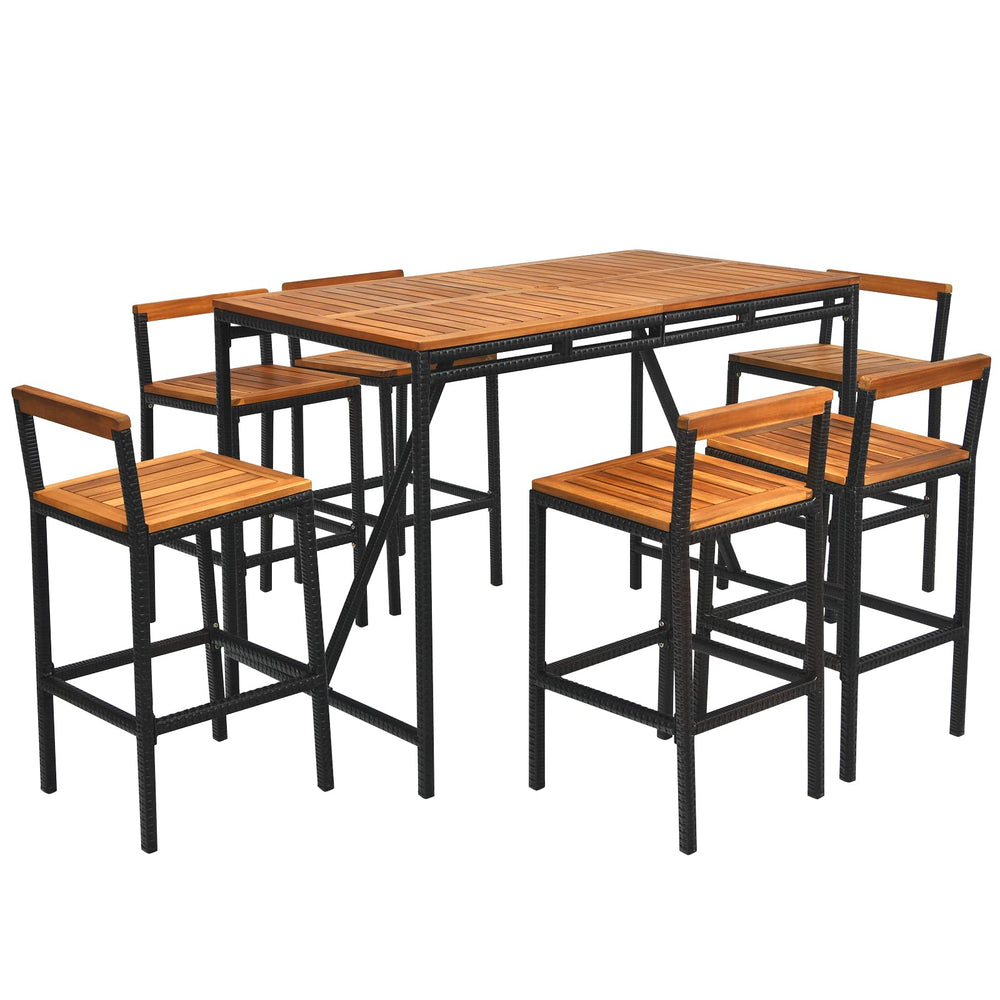 7-Piece Outdoor Acacia Wood Bar Set with 6 Bar Stools