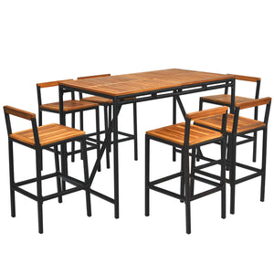 7-Piece Outdoor Acacia Wood Bar Set with 6 Bar Stools