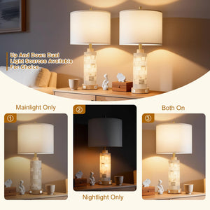 Alabaster & Wood Table Lamp Set of 2 with USB Ports & Night Light