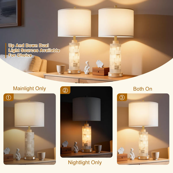 Alabaster & Wood Table Lamp Set of 2 with USB Ports & Night Light