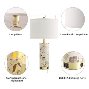 Stone Table Lamp with Night Light & USB Ports – Set of 2
