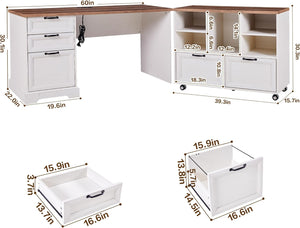 L-Shaped Executive Desk with File Cabinet and Charging Station