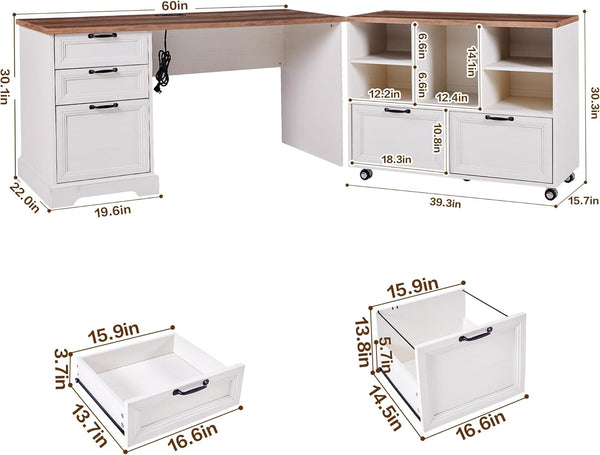 L-Shaped Executive Desk with File Cabinet and Charging Station