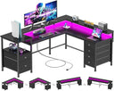Reversible L-Shaped Gaming Desk with 6 Drawers, Monitor Stand & Power Outlets