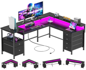 L-Shaped Gaming Desk with 6 Drawers, Monitor Stand & Power Outlets