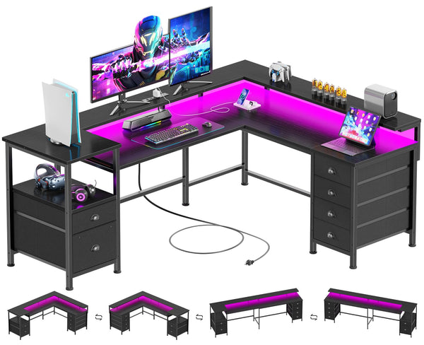 L-Shaped Gaming Desk with 6 Drawers, Monitor Stand & Power Outlets