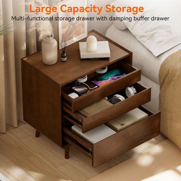 Walnut Nightstand with Charging Station & Drawers