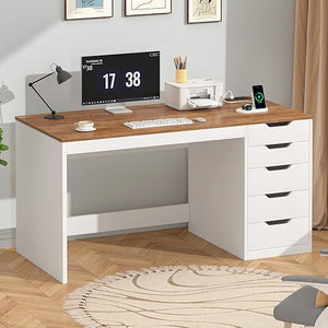 47-Inch Computer Desk with 5 Drawers & Power Outlets