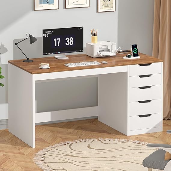 47-Inch Computer Desk with 5 Drawers & Power Outlets