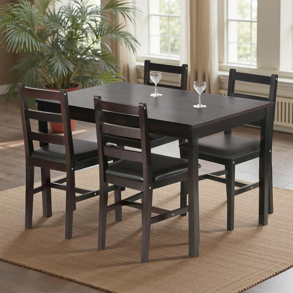 5-Piece Solid Pine Wood Dining Table Set with Upholstered Chairs