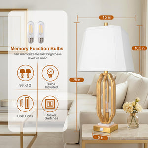 Iron Art Table Lamp Set of 2 with USB Charging Ports & Dimmable Bulb
