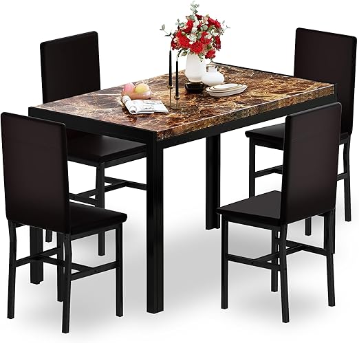 Dining Table Set for 4 with Faux Marble Top & Leather Chairs