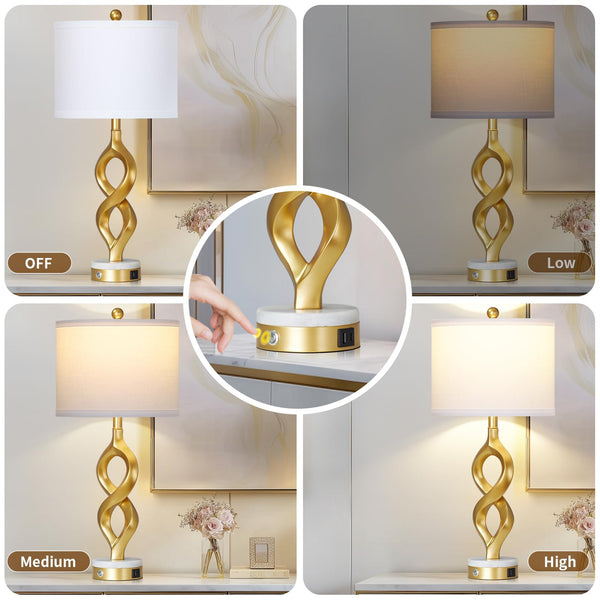 Gold Touch Control Table Lamp with USB Ports & LED Bulb
