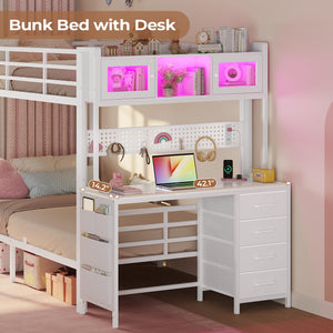 Twin Over Twin Bunk Bed with Desk & LED Light