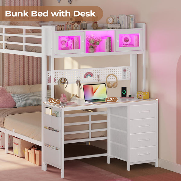 Twin Over Twin Bunk Bed with Desk & LED Light