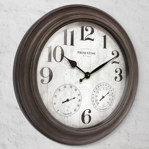 26" Indoor Outdoor Farmhouse Wall Clock with Thermometer & Hygrometer