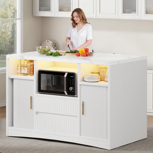 Rolling Kitchen Island with Storage, Power Outlet & LED Light