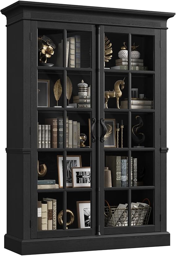 65" Glass Door Display Cabinet – 5-Tier Bookcase with Adjustable Shelves