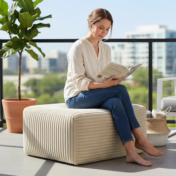 L-Shaped Sectional Sofa with Ottoman – Beige Plush