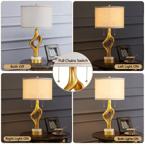 Gold Sculptural Table Lamp Set of 2 with USB Ports & Marble Base