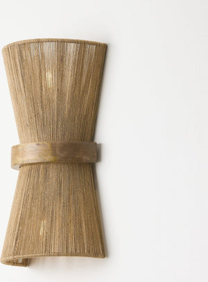 2-Light Mango Wood & Jute Rope Wall Sconce – Matte Brass