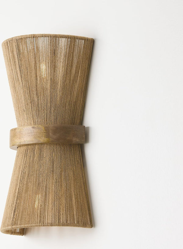 2-Light Mango Wood & Jute Rope Wall Sconce – Matte Brass