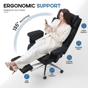 Office Desk Chair, High-Back Big and Tall Leather Chair with Footrest, Ergonomic Reclining Computer Chairs, Comfy Executive Wide Chair with Lumbar Support, Adjustable Padded Armrests, 400LBS (Black)