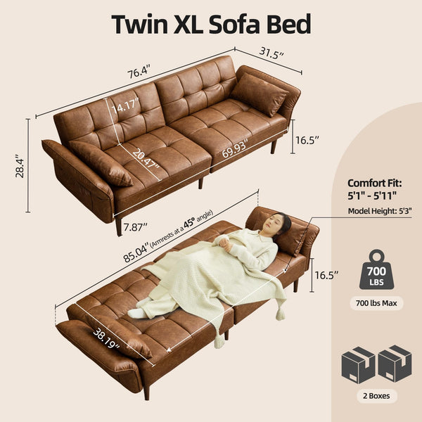 85" Convertible Futon Sofa Bed with Storage & Adjustable Armrests