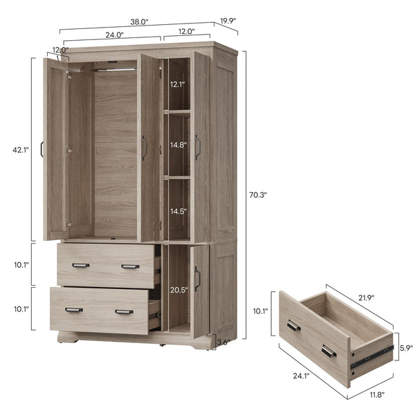 4-Door Wardrobe Closet with Drawers, Shelves & Hanging Rod – 70" Tall
