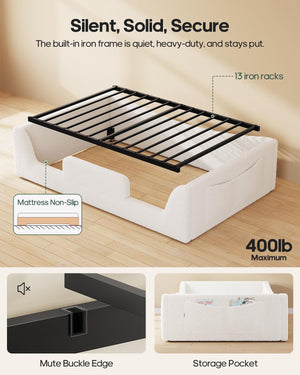 Low Profile Montessori Floor Bed with High Rails & Upholstered Teddy Frame
