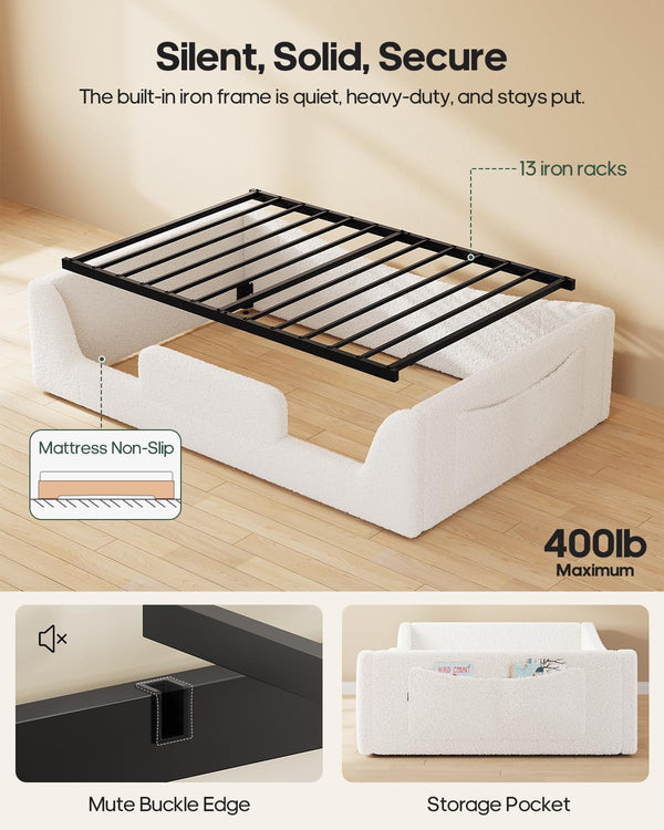 Low Profile Montessori Floor Bed with High Rails & Upholstered Teddy Frame