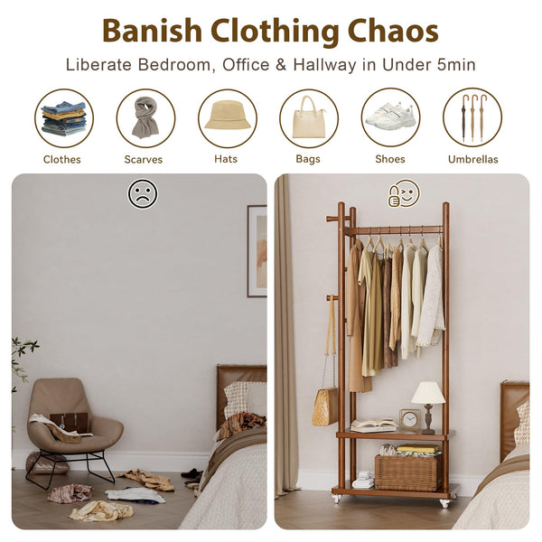 Solid Wood Coat Rack with Wheels, Storage Shelves & Hooks