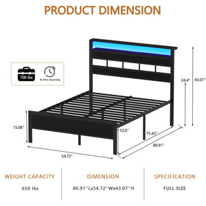 Full Size Bed Frame with LED Lights, Charging Station & Storage Headboard