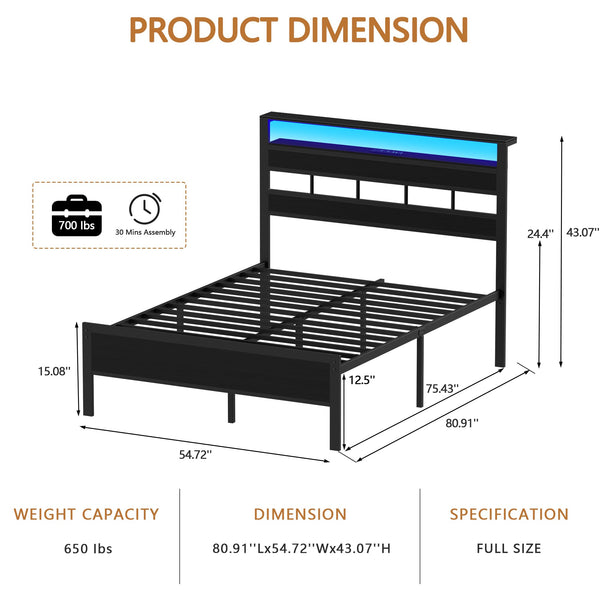 Full Size Bed Frame with LED Lights, Charging Station & Storage Headboard