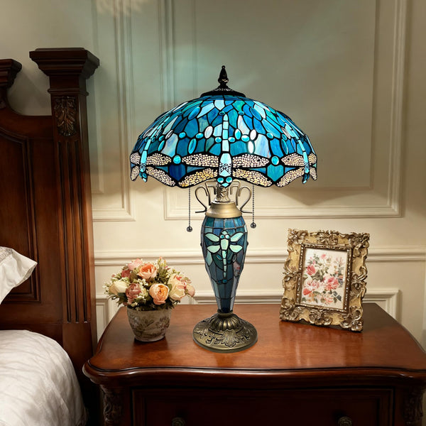 Tiffany Stained Glass Dragonfly Table Lamp with Nightlight