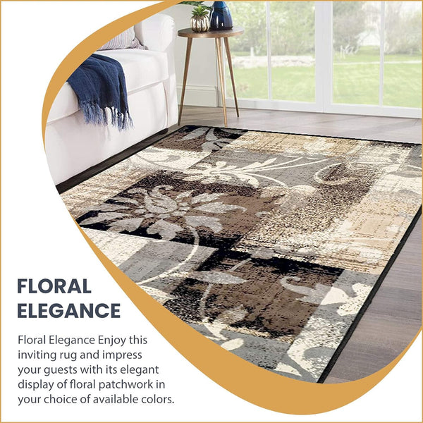 Floral Patchwork Indoor Area Rug – Beige, Low Pile, Machine Made