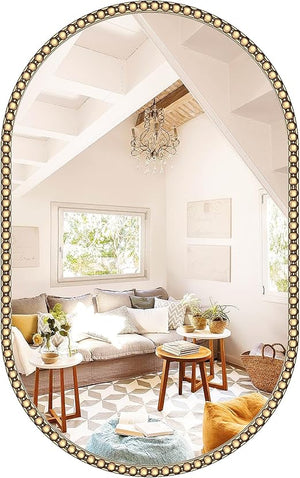 Oval Full Length Wall Mirror with Gold Metal Beaded Frame