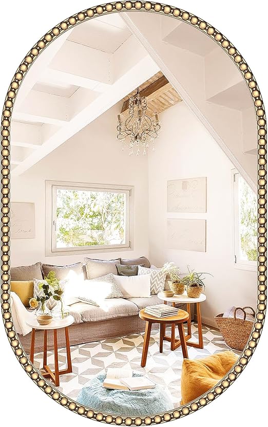 Oval Full Length Wall Mirror with Gold Metal Beaded Frame